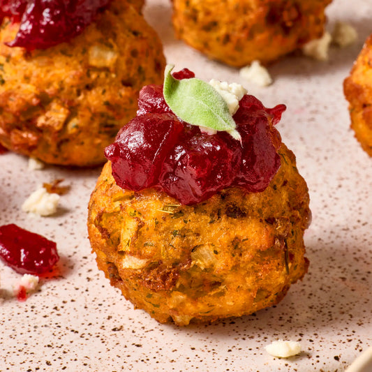 Fried Stuffing Balls with Goat Cheese and Cranberry Sauce