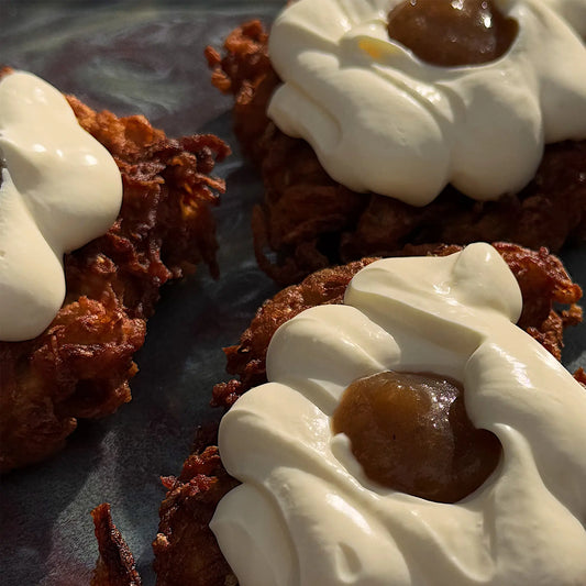 Latkes with Brown Butter Apple Jam and Crème Fraîche