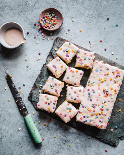 Vanilla-Almond Snack Cake with Rhubarb-Mascarpone Frosting