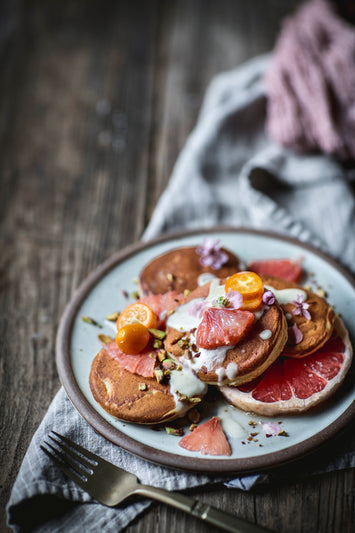 Grapefruit Mascarpone Pancakes with Maple Crème Fraîche