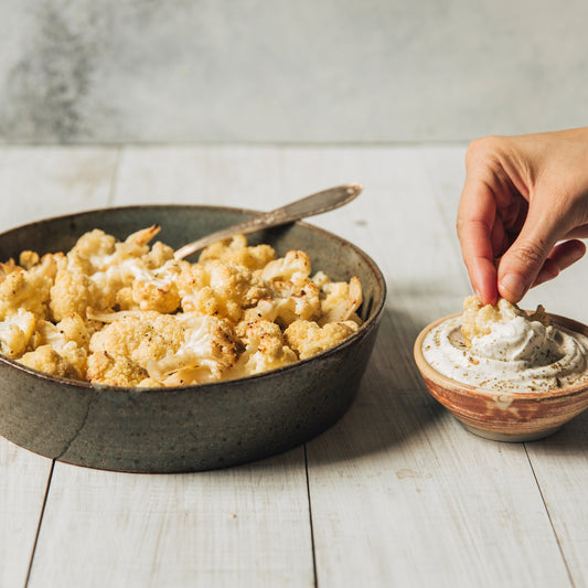 Roasted Cauliflower with Whipped Zahtar Goat Cheese Dip