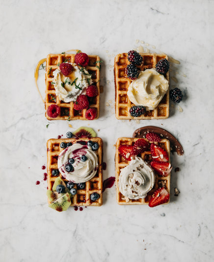 Waffles Topped with Honey Mascarpone, Lemon Zest and Blackberries