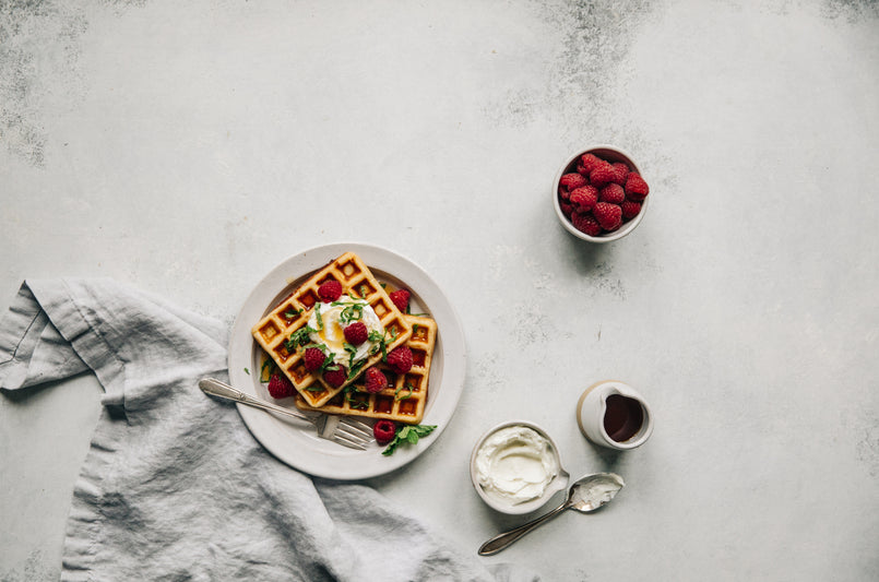 Waffles topped with Maple Goat Cheese & Mint